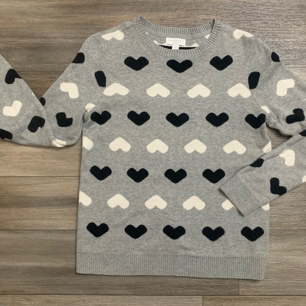 Charter Club Light Gray Crewneck Sweater with Black & White Trim